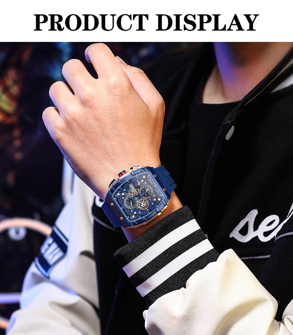 CURREN 8442 Fashion Large Dial Sports Watch with Unique Rectangular Hollow Design Quartz Watch with Automatic Date Chronograph