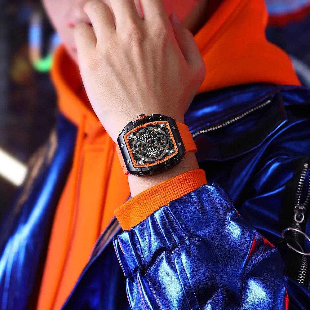 CURREN 8442 Fashion Large Dial Sports Watch with Unique Rectangular Hollow Design Quartz Watch with Automatic Date Chronograph