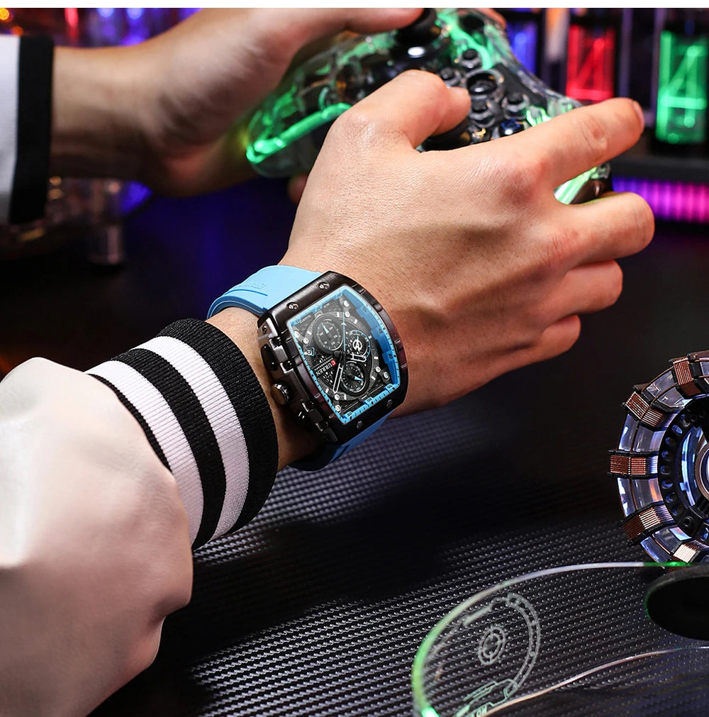 CURREN 8442 Fashion Large Dial Sports Watch with Unique Rectangular Hollow Design Quartz Watch with Automatic Date Chronograph
