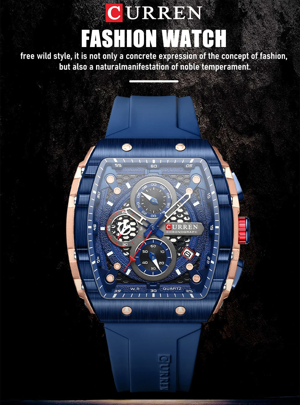 CURREN 8442 Fashion Large Dial Sports Watch with Unique Rectangular Hollow Design Quartz Watch with Automatic Date Chronograph