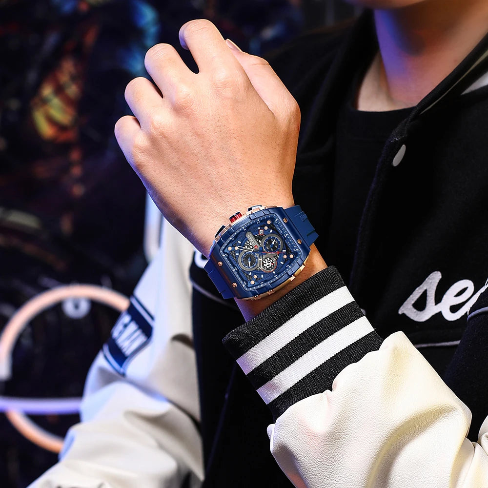 CURREN 8442 Fashion Large Dial Sports Watch with Unique Rectangular Hollow Design Quartz Watch with Automatic Date Chronograph