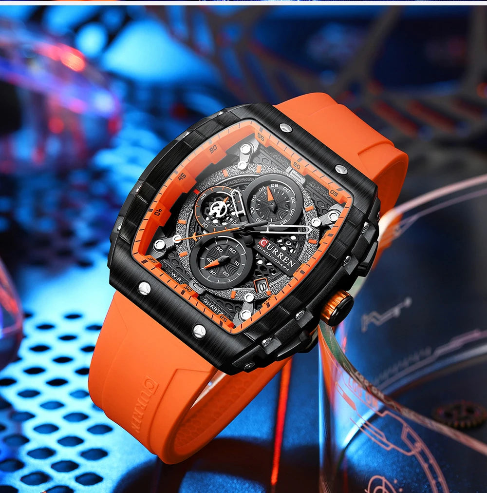 CURREN 8442 Fashion Large Dial Sports Watch with Unique Rectangular Hollow Design Quartz Watch with Automatic Date Chronograph