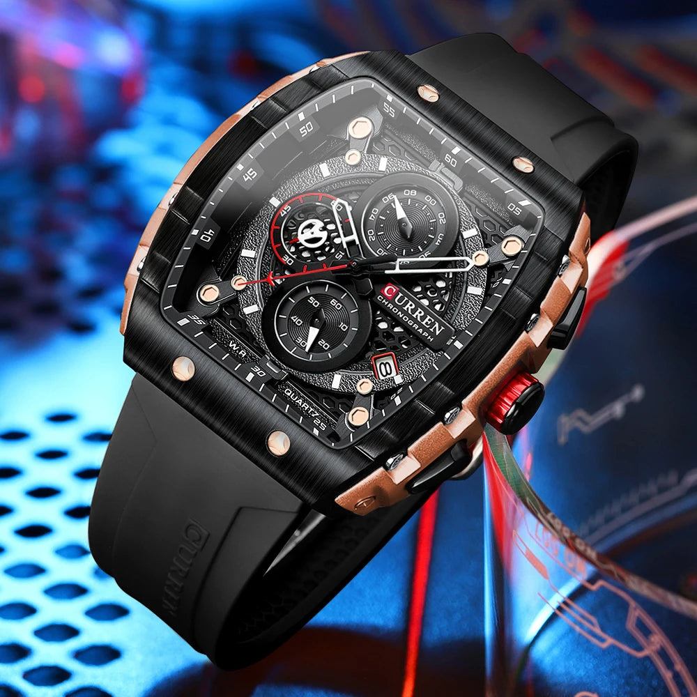 CURREN 8442 Fashion Large Dial Sports Watch with Unique Rectangular Hollow Design Quartz Watch with Automatic Date Chronograph