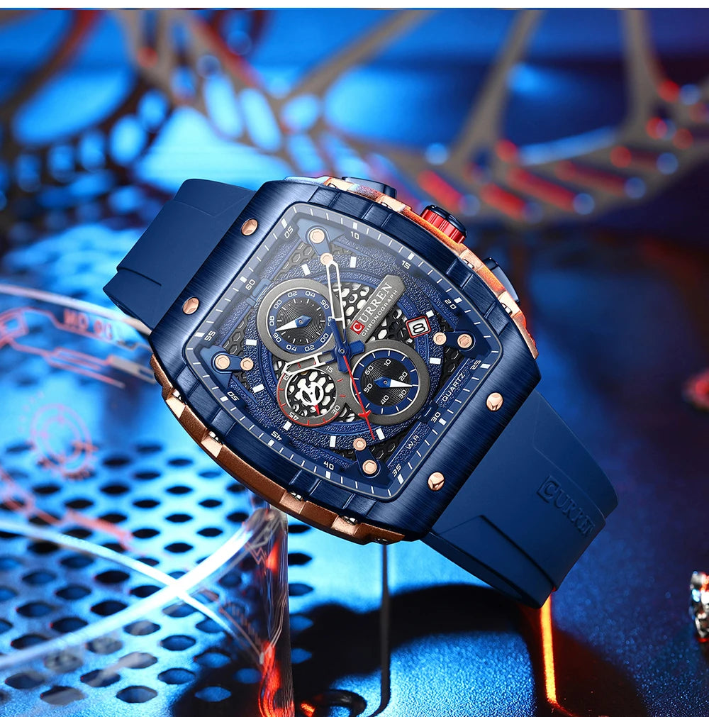 CURREN 8442 Fashion Large Dial Sports Watch with Unique Rectangular Hollow Design Quartz Watch with Automatic Date Chronograph