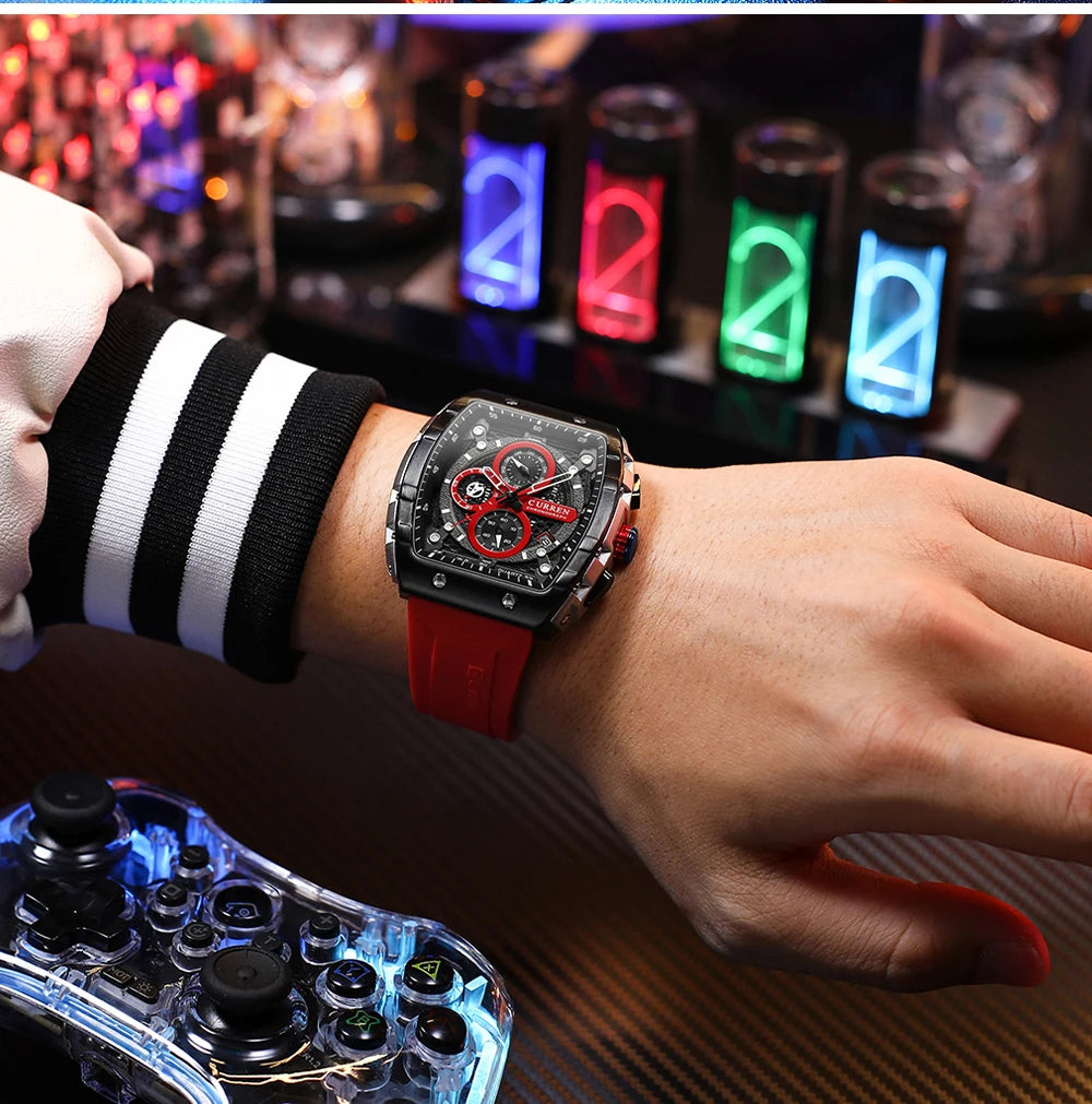 CURREN 8442 Fashion Large Dial Sports Watch with Unique Rectangular Hollow Design Quartz Watch with Automatic Date Chronograph