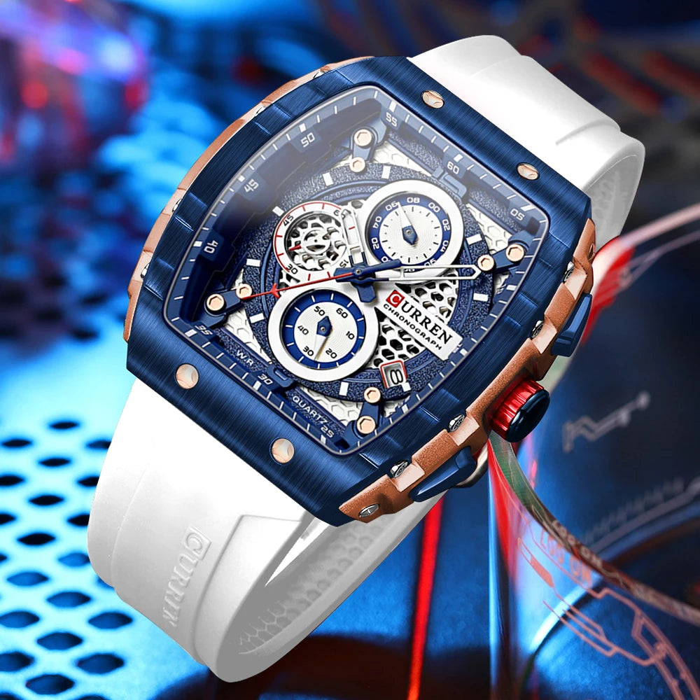 CURREN 8442 Fashion Large Dial Sports Watch with Unique Rectangular Hollow Design Quartz Watch with Automatic Date Chronograph