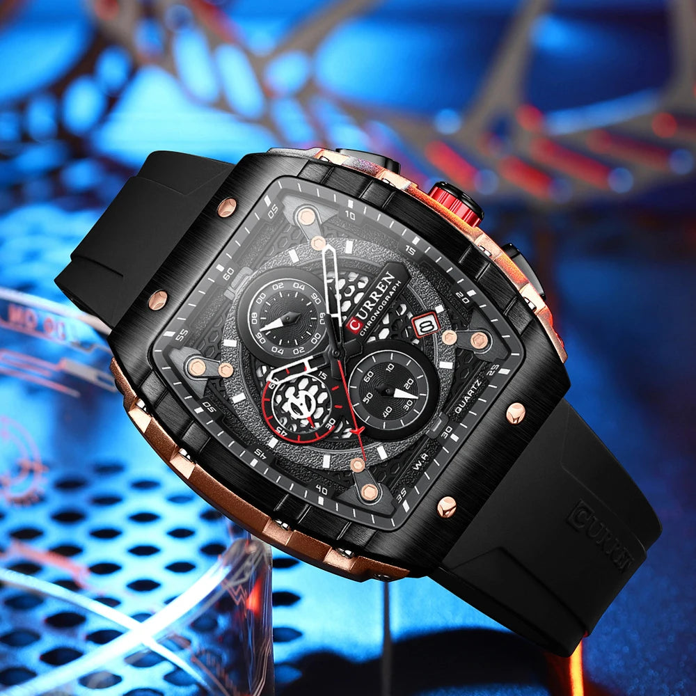 CURREN 8442 Fashion Large Dial Sports Watch with Unique Rectangular Hollow Design Quartz Watch with Automatic Date Chronograph