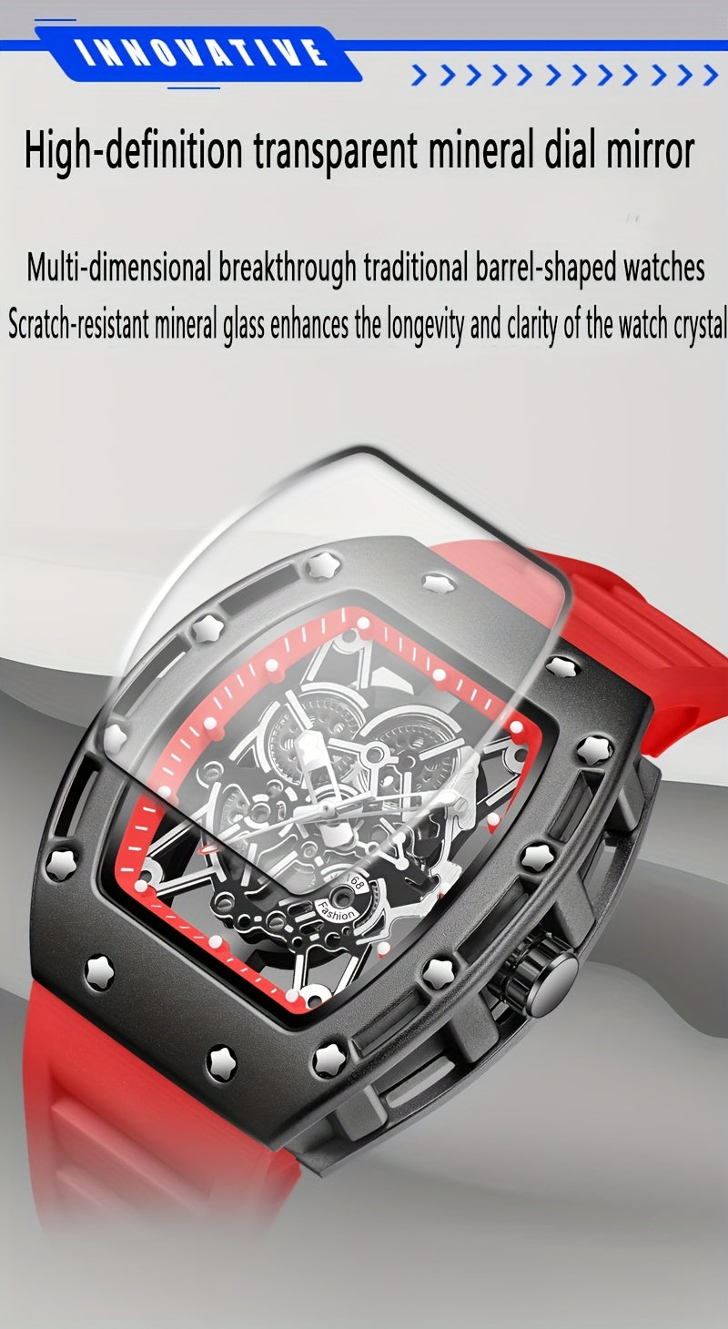 Men’s Richard Sports Watch Quartz Movement | Barrel-Shaped Case | Red Accent Dial