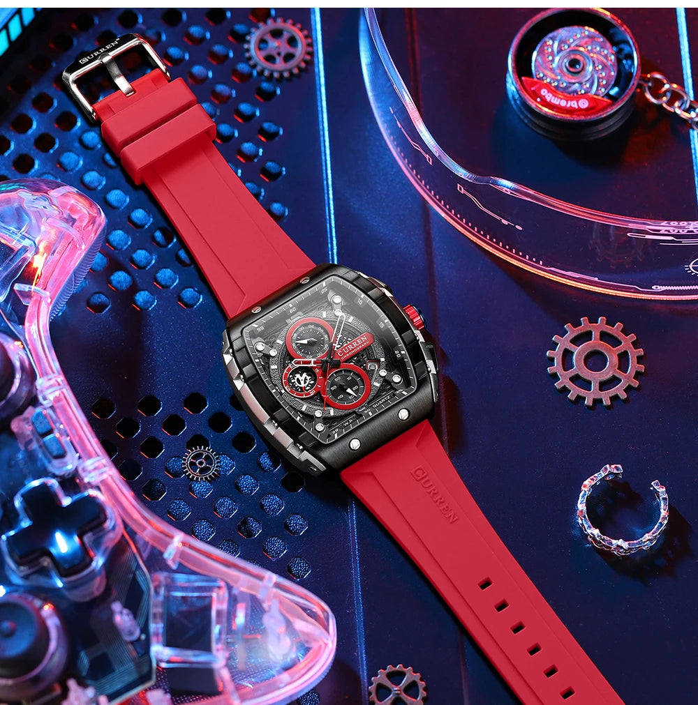 CURREN 8442 Fashion Large Dial Sports Watch with Unique Rectangular Hollow Design Quartz Watch with Automatic Date Chronograph