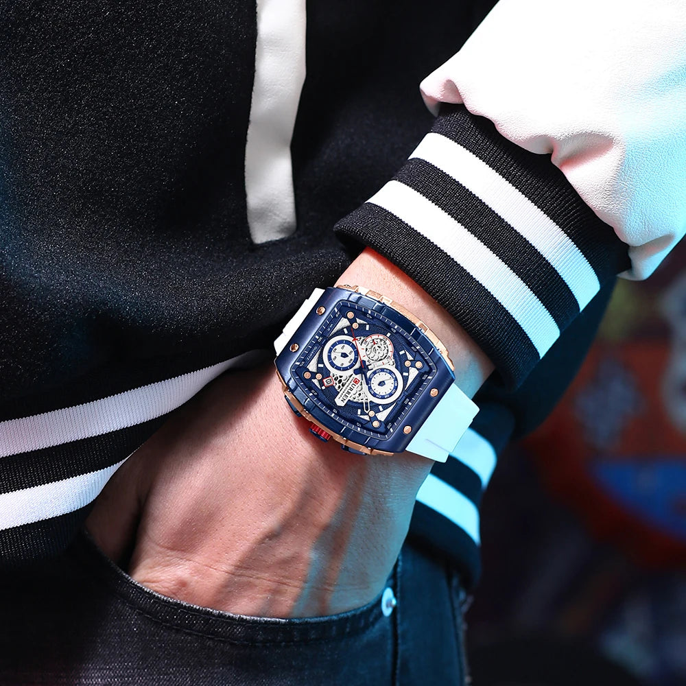 CURREN 8442 Fashion Large Dial Sports Watch with Unique Rectangular Hollow Design Quartz Watch with Automatic Date Chronograph