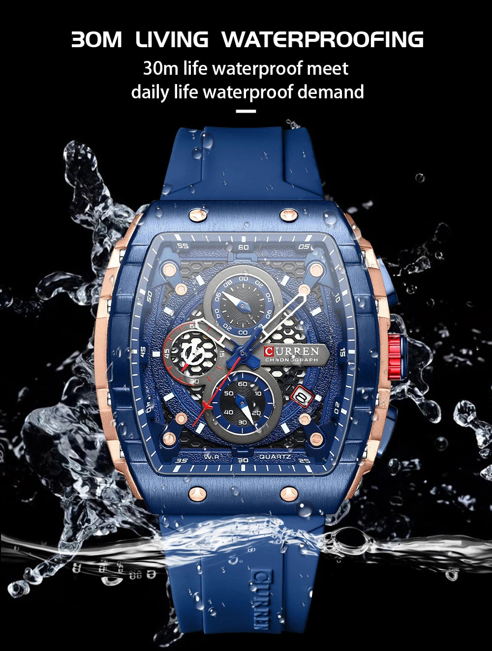 CURREN 8442 Fashion Large Dial Sports Watch with Unique Rectangular Hollow Design Quartz Watch with Automatic Date Chronograph