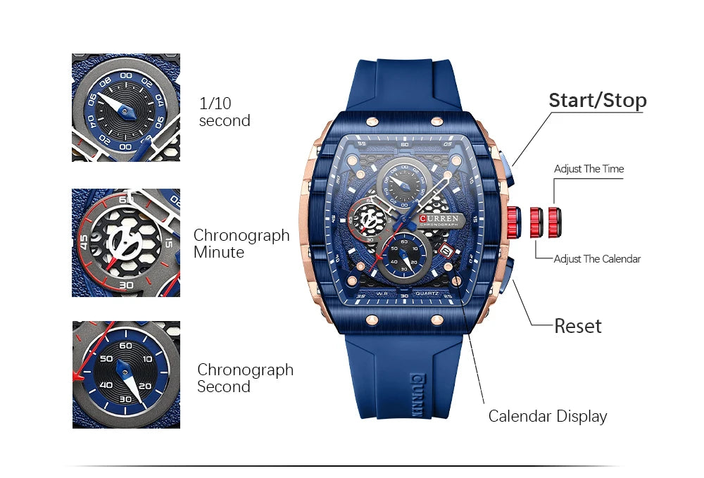 CURREN 8442 Fashion Large Dial Sports Watch with Unique Rectangular Hollow Design Quartz Watch with Automatic Date Chronograph