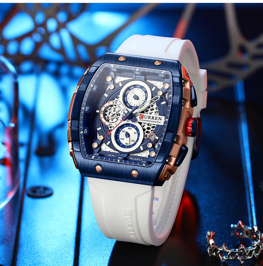 CURREN 8442 Fashion Large Dial Sports Watch with Unique Rectangular Hollow Design Quartz Watch with Automatic Date Chronograph