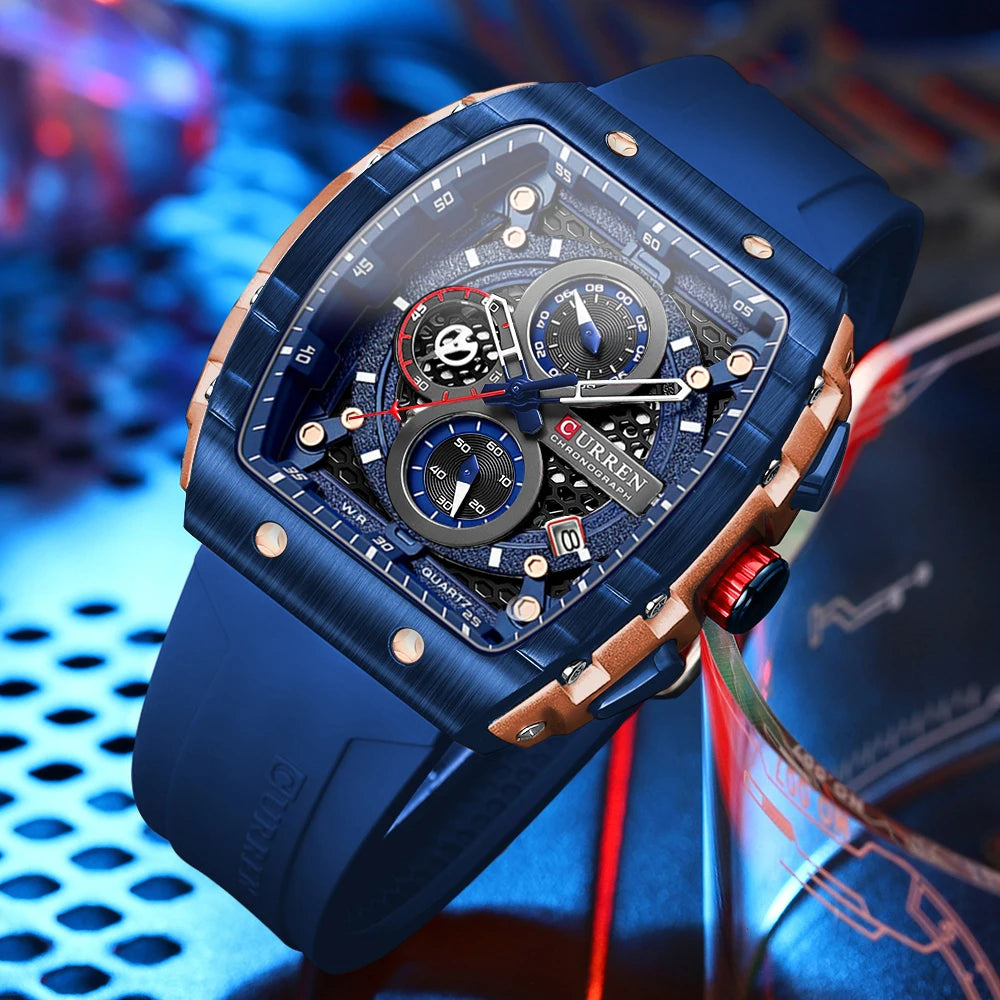 CURREN 8442 Fashion Large Dial Sports Watch with Unique Rectangular Hollow Design Quartz Watch with Automatic Date Chronograph
