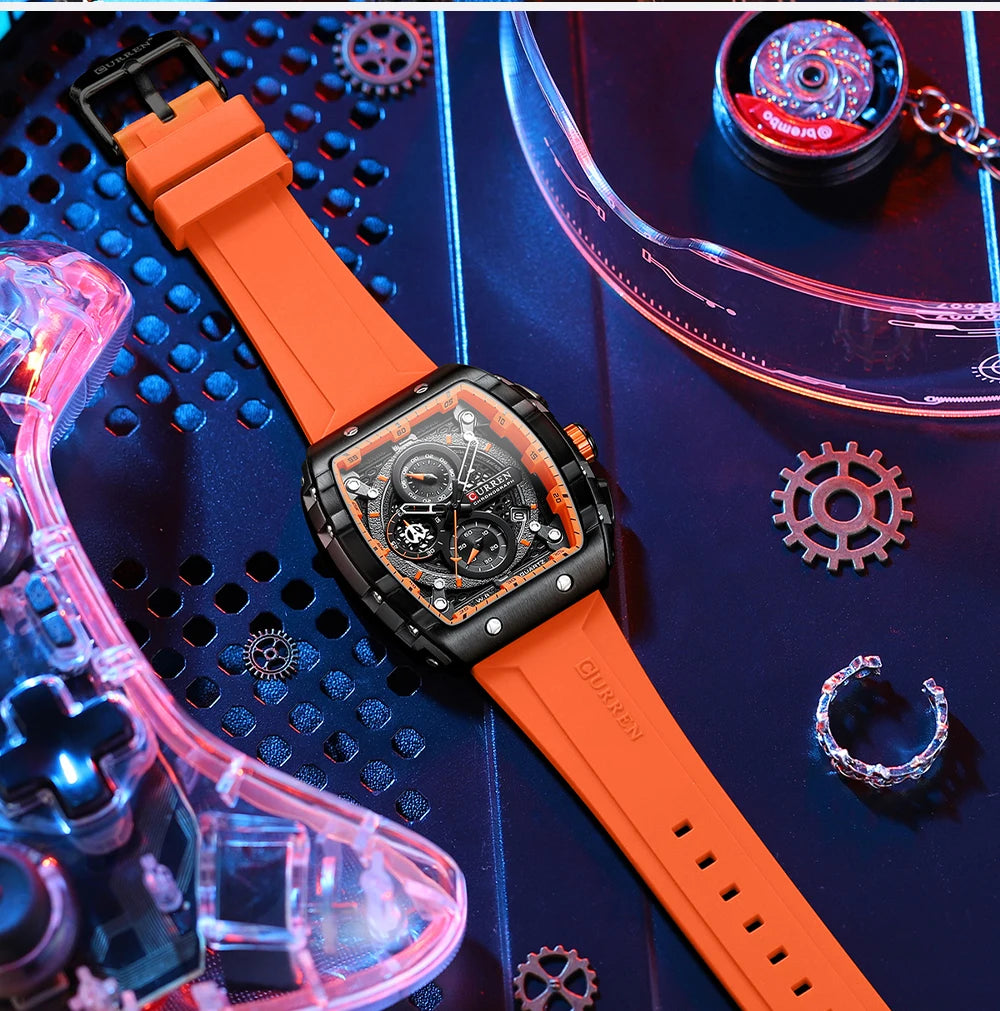 CURREN 8442 Fashion Large Dial Sports Watch with Unique Rectangular Hollow Design Quartz Watch with Automatic Date Chronograph