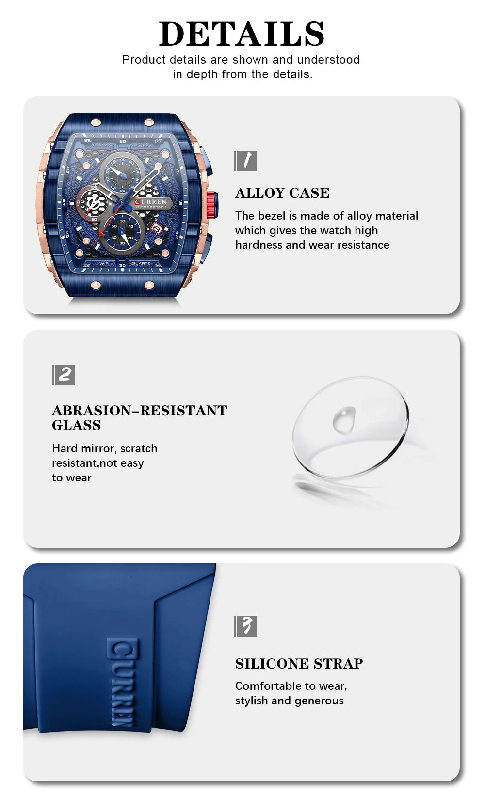 CURREN 8442 Fashion Large Dial Sports Watch with Unique Rectangular Hollow Design Quartz Watch with Automatic Date Chronograph