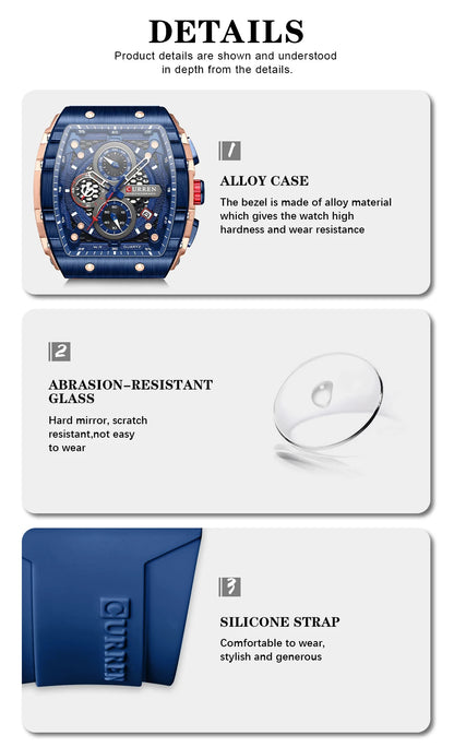 CURREN 8442 Fashion Large Dial Sports Watch with Unique Rectangular Hollow Design Quartz Watch with Automatic Date Chronograph