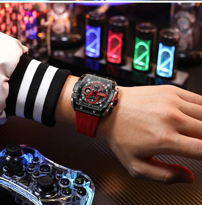 CURREN 8442 Fashion Large Dial Sports Watch with Unique Rectangular Hollow Design Quartz Watch with Automatic Date Chronograph