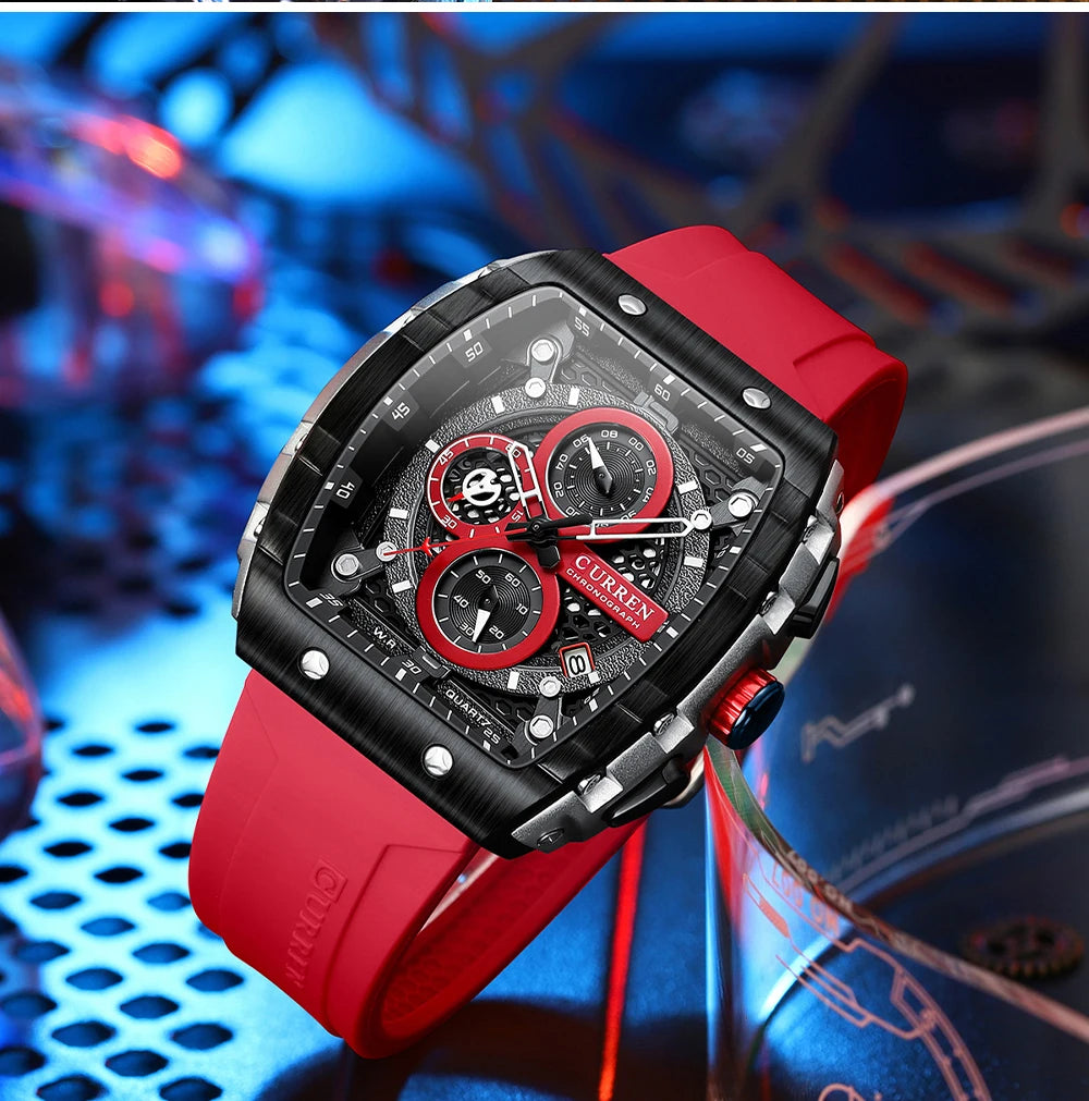 CURREN 8442 Fashion Large Dial Sports Watch with Unique Rectangular Hollow Design Quartz Watch with Automatic Date Chronograph