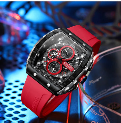 CURREN 8442 Fashion Large Dial Sports Watch with Unique Rectangular Hollow Design Quartz Watch with Automatic Date Chronograph