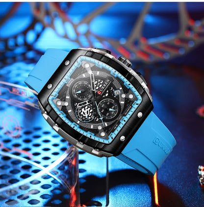 CURREN 8442 Fashion Large Dial Sports Watch with Unique Rectangular Hollow Design Quartz Watch with Automatic Date Chronograph