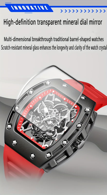 Men’s Richard Sports Watch  Quartz Movement | Barrel-Shaped Case | Red Accent Dial
