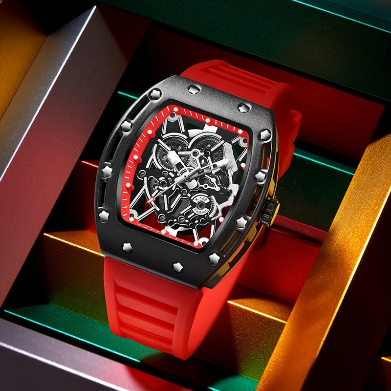 Men’s Richard Sports Watch  Quartz Movement | Barrel-Shaped Case | Red Accent Dial